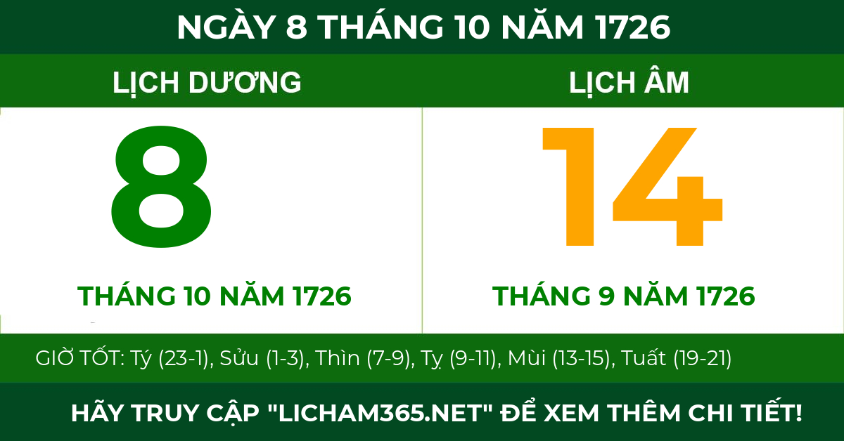 lịch âm ngày 8 tháng 10 năm 1726