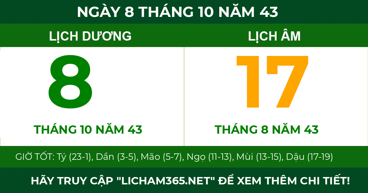lịch âm ngày 8 tháng 10 năm 43
