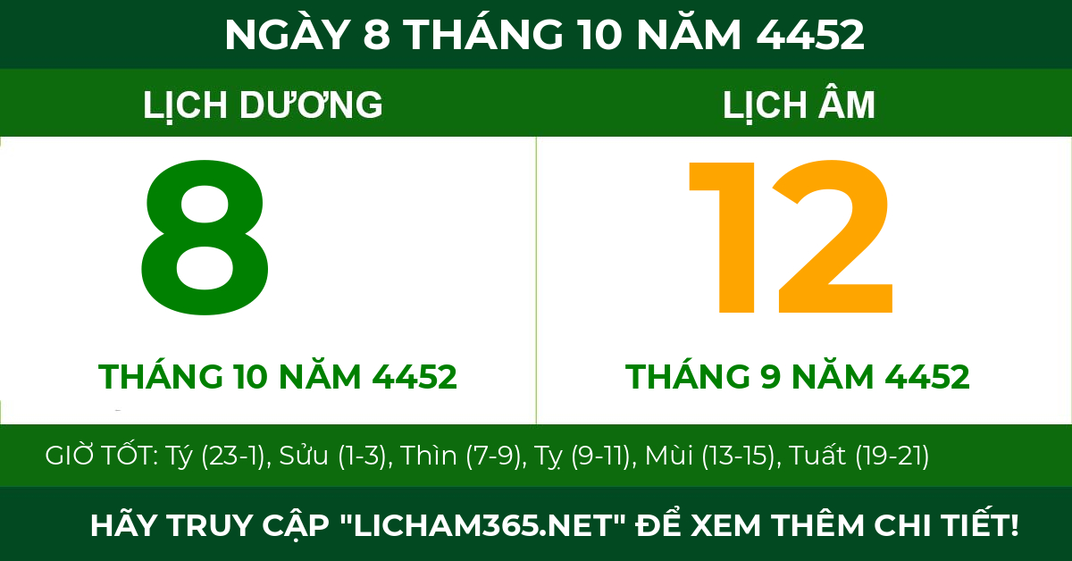 lịch âm ngày 8 tháng 10 năm 4452