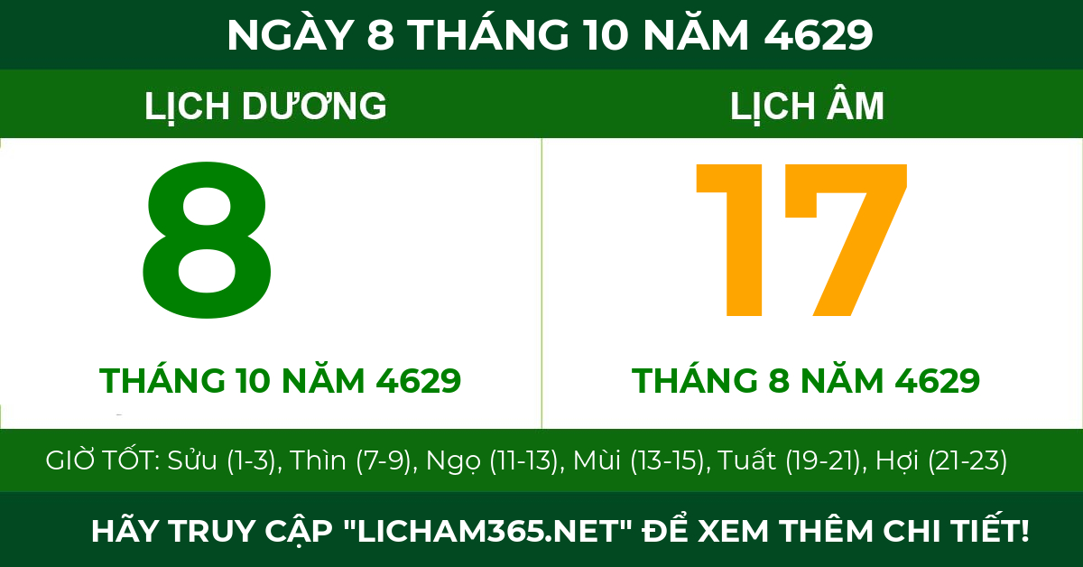 lịch âm ngày 8 tháng 10 năm 4629