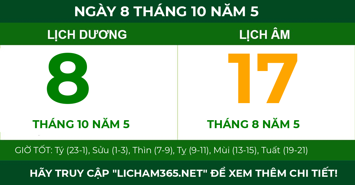 lịch âm ngày 8 tháng 10 năm 5