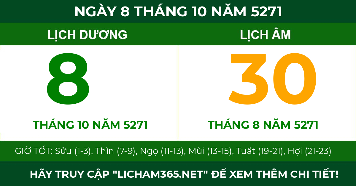 lịch âm ngày 8 tháng 10 năm 5271