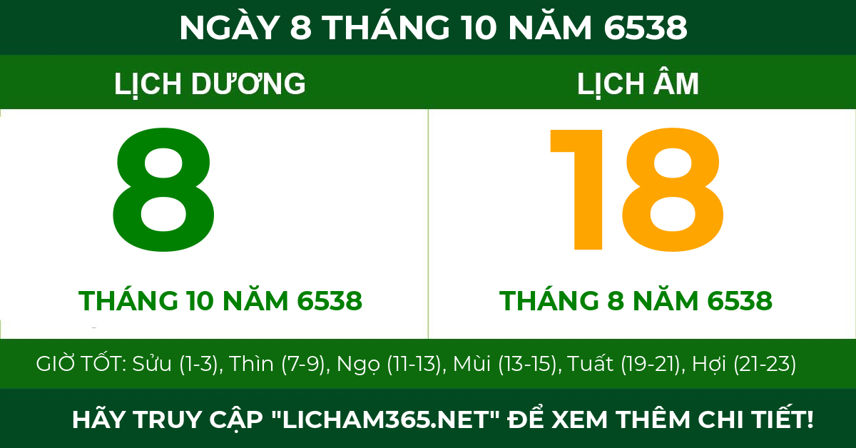 lịch âm ngày 8 tháng 10 năm 6538