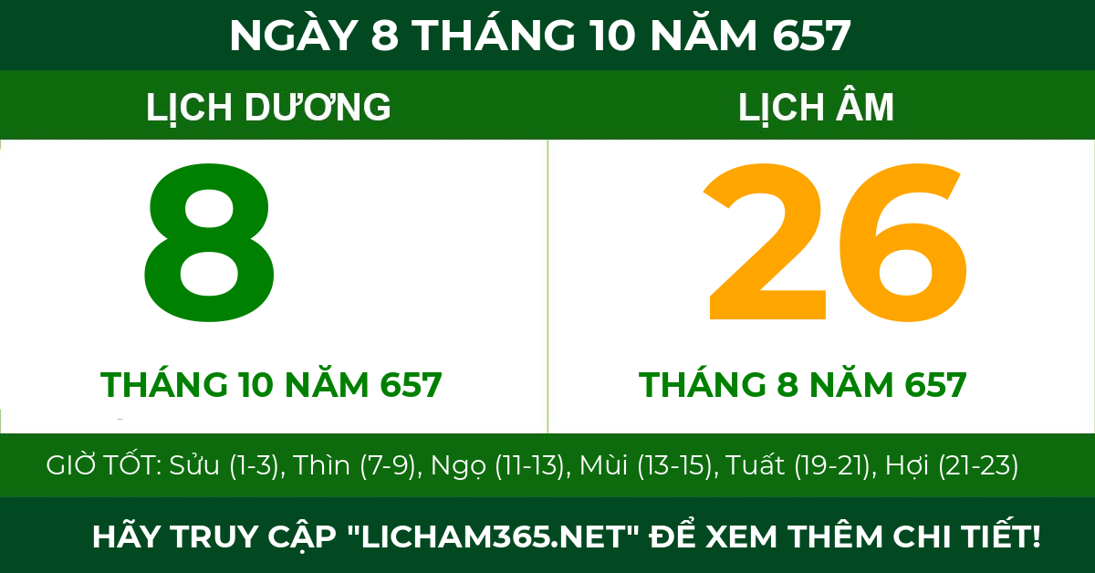 lịch âm ngày 8 tháng 10 năm 657