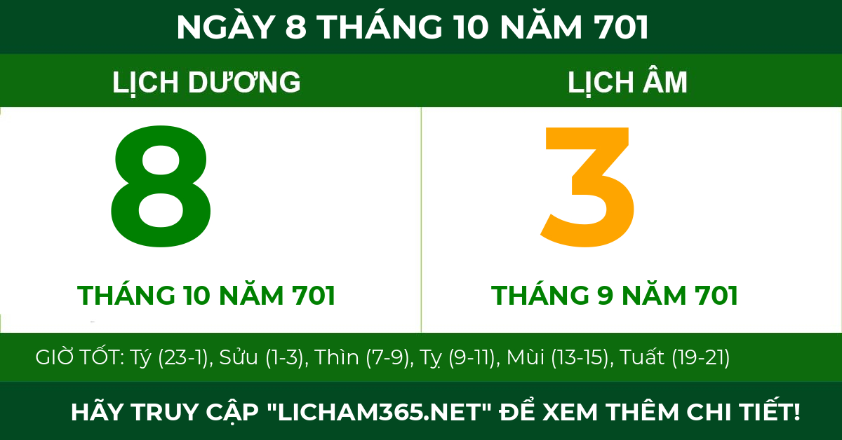 lịch âm ngày 8 tháng 10 năm 701