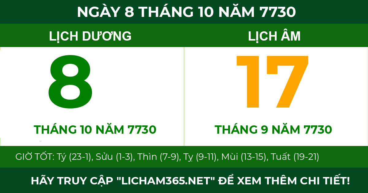 lịch âm ngày 8 tháng 10 năm 7730