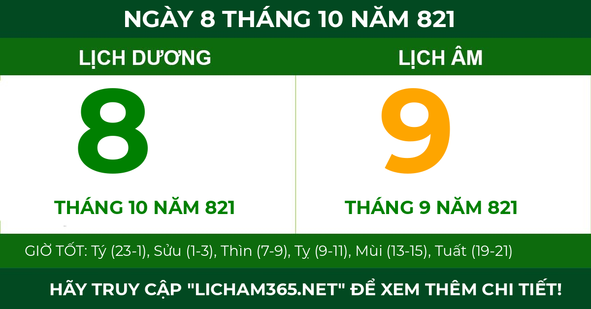 lịch âm ngày 8 tháng 10 năm 821