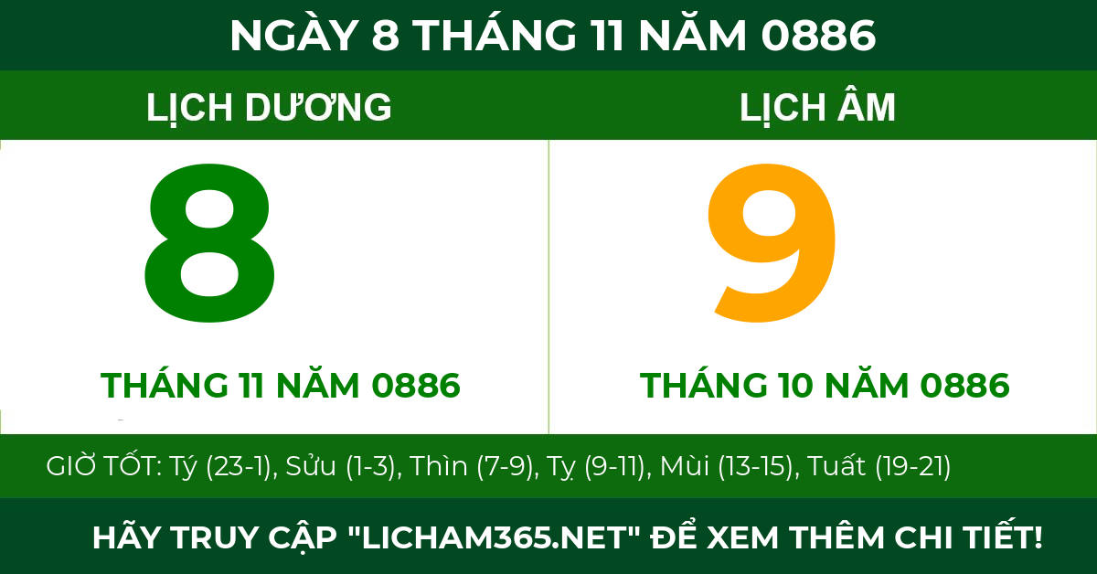lịch âm ngày 8 tháng 11 năm 0886