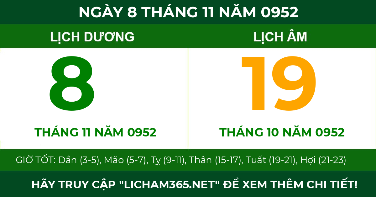 lịch âm ngày 8 tháng 11 năm 0952