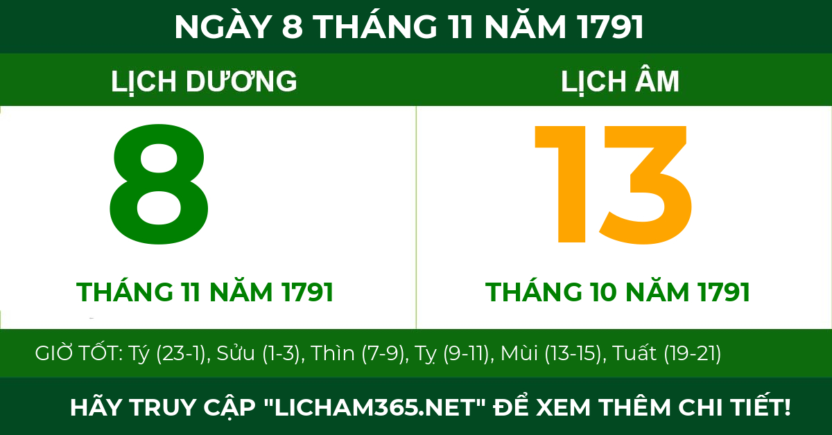 lịch âm ngày 8 tháng 11 năm 1791