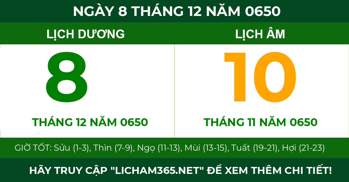 lịch âm ngày 8 tháng 12 năm 0650