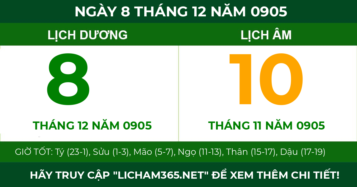 lịch âm ngày 8 tháng 12 năm 0905