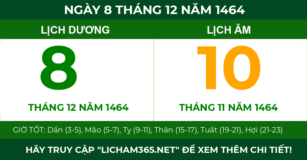 lịch âm ngày 8 tháng 12 năm 1464