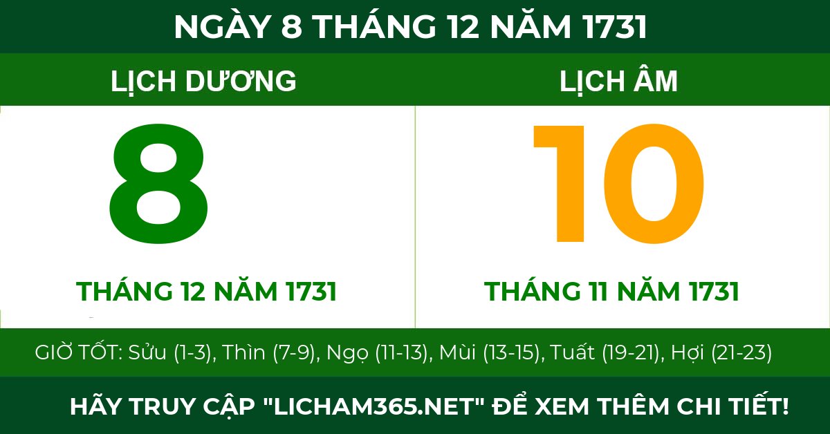 lịch âm ngày 8 tháng 12 năm 1731