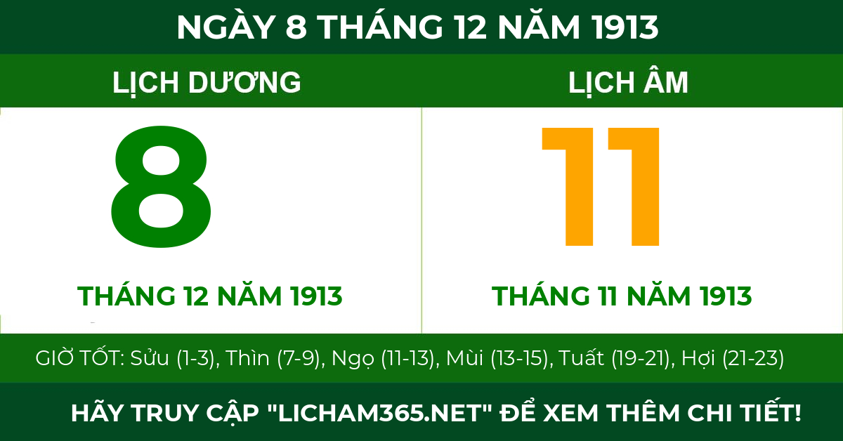 lịch âm ngày 8 tháng 12 năm 1913