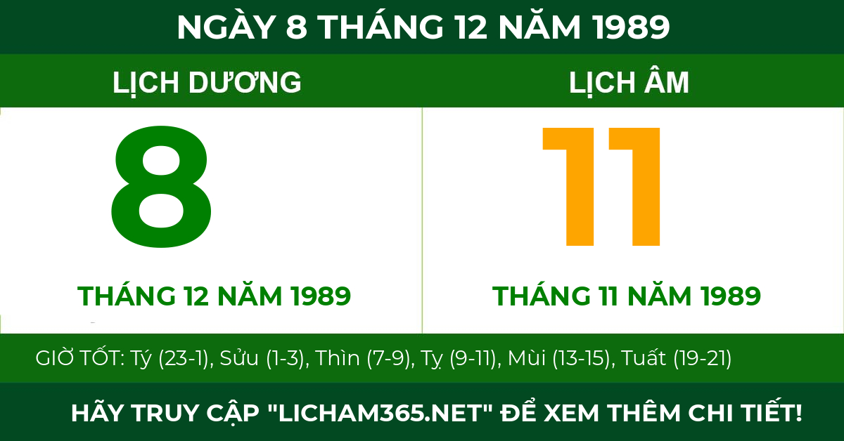 lịch âm ngày 8 tháng 12 năm 1989