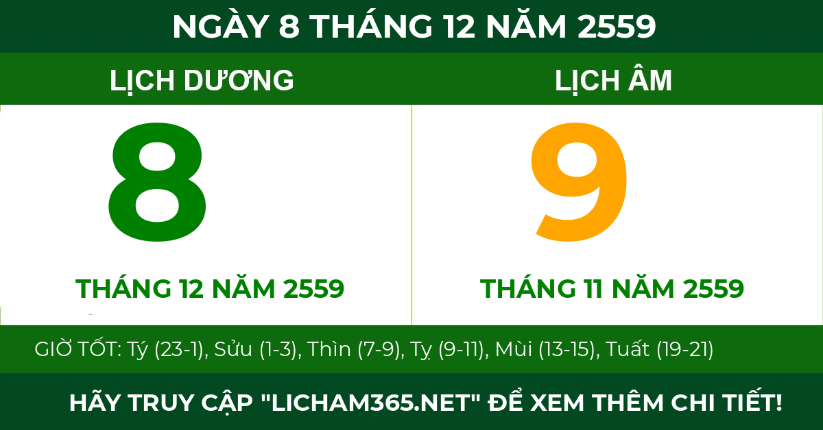 lịch âm ngày 8 tháng 12 năm 2559