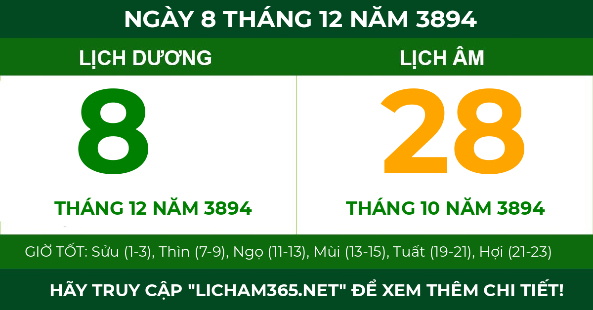 lịch âm ngày 8 tháng 12 năm 3894