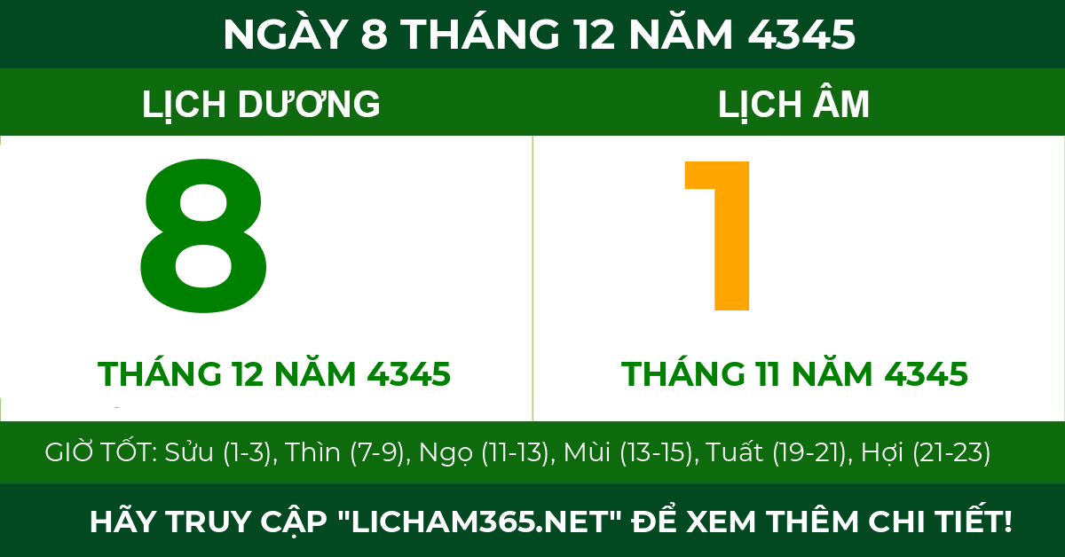 lịch âm ngày 8 tháng 12 năm 4345