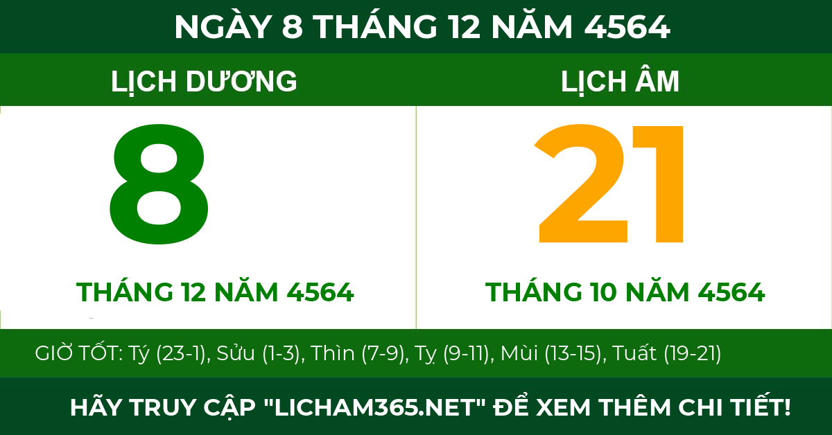 lịch âm ngày 8 tháng 12 năm 4564