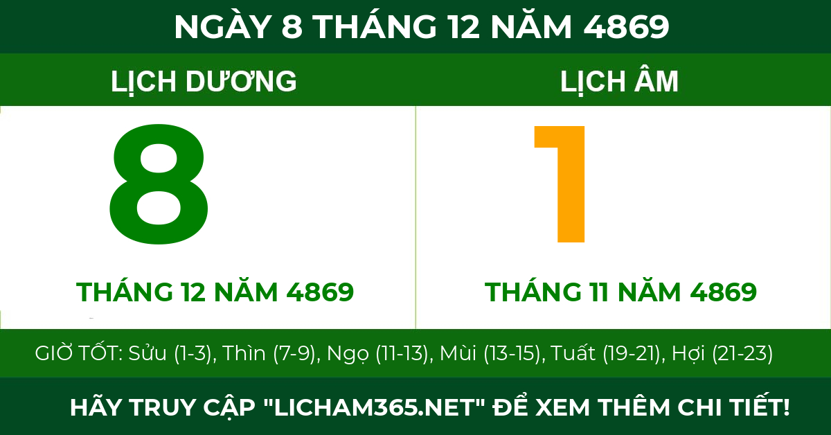 lịch âm ngày 8 tháng 12 năm 4869
