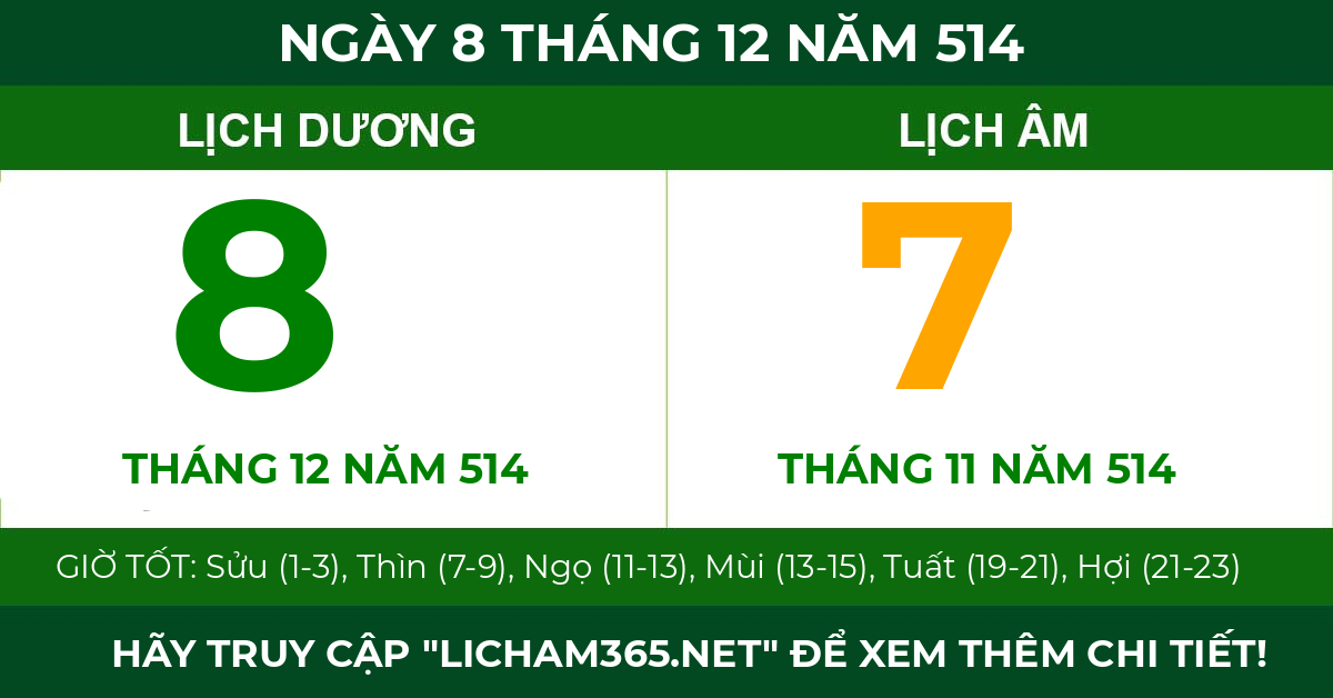 lịch âm ngày 8 tháng 12 năm 514