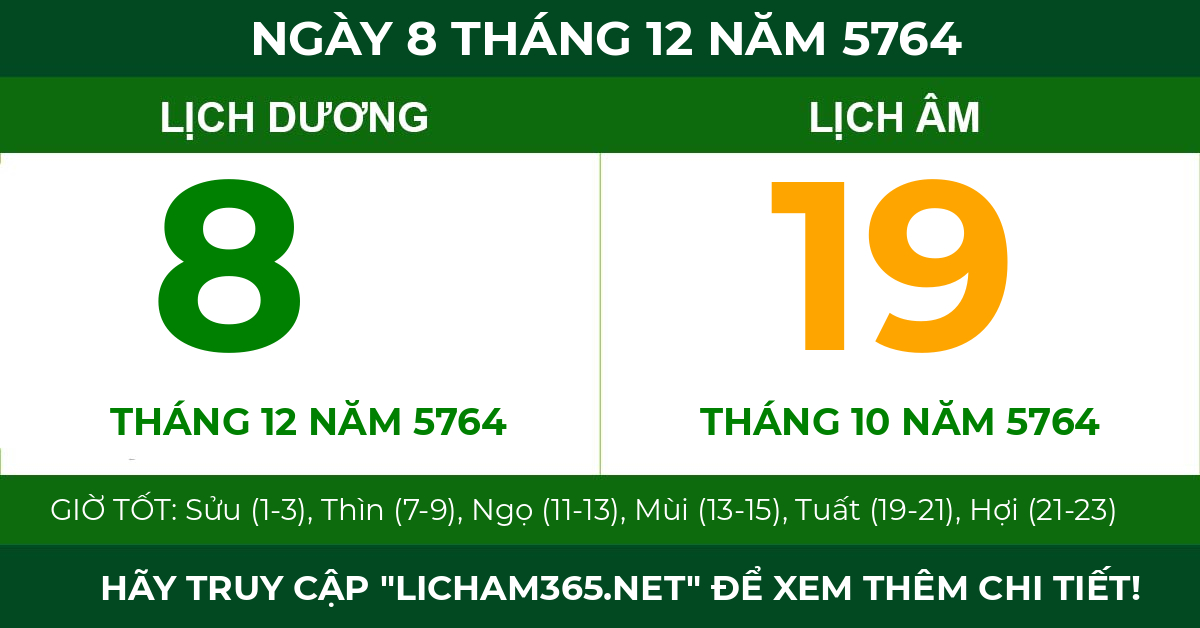 lịch âm ngày 8 tháng 12 năm 5764