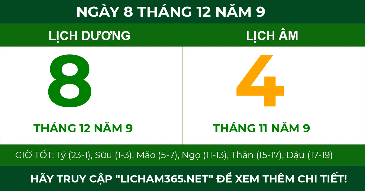 lịch âm ngày 8 tháng 12 năm 9