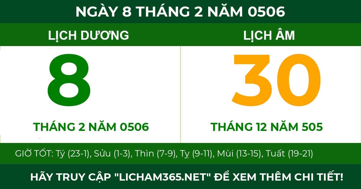 lịch âm ngày 8 tháng 2 năm 0506