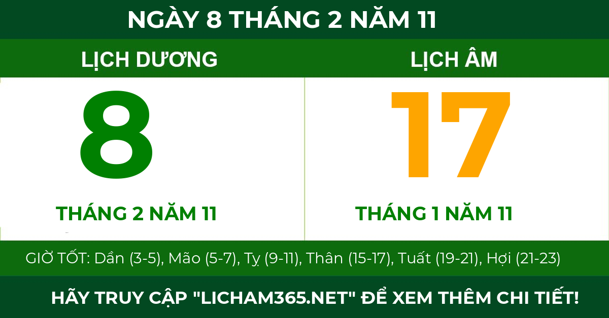 lịch âm ngày 8 tháng 2 năm 11