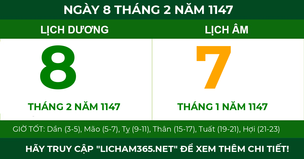 lịch âm ngày 8 tháng 2 năm 1147
