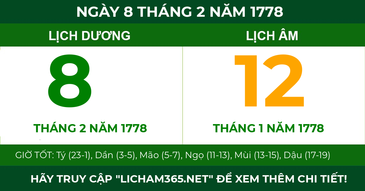 lịch âm ngày 8 tháng 2 năm 1778