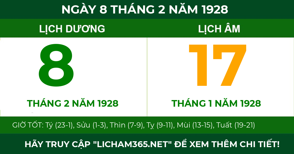 lịch âm ngày 8 tháng 2 năm 1928