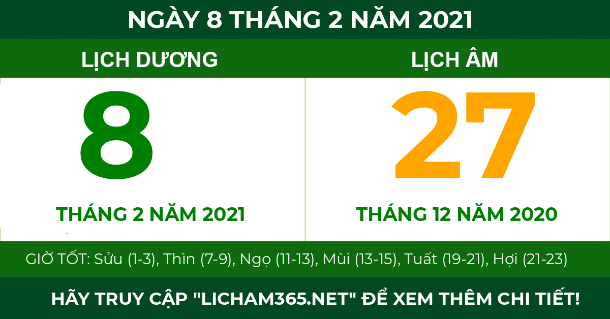 lịch âm ngày 8 tháng 2 năm 2021