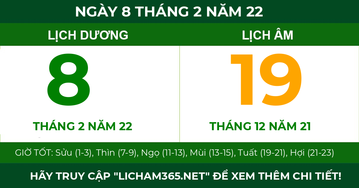 lịch âm ngày 8 tháng 2 năm 22