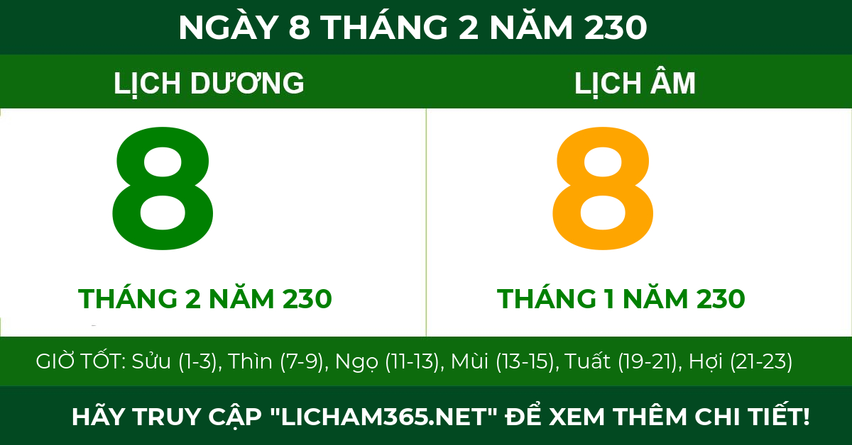 lịch âm ngày 8 tháng 2 năm 230
