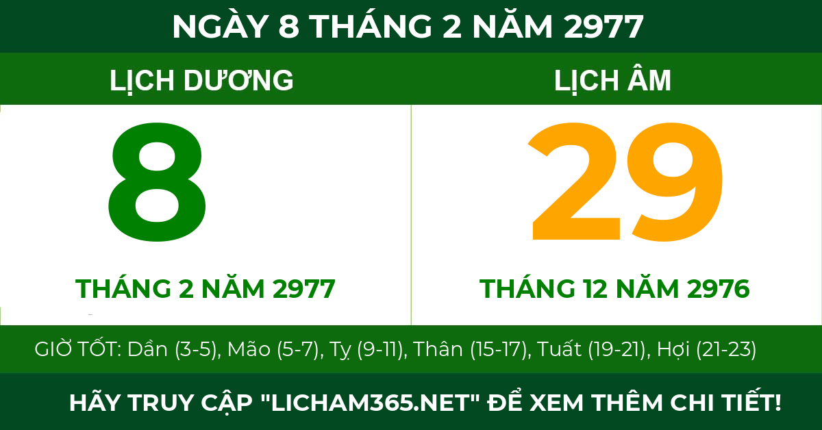lịch âm ngày 8 tháng 2 năm 2977