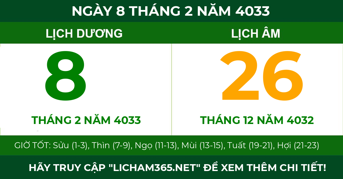 lịch âm ngày 8 tháng 2 năm 4033