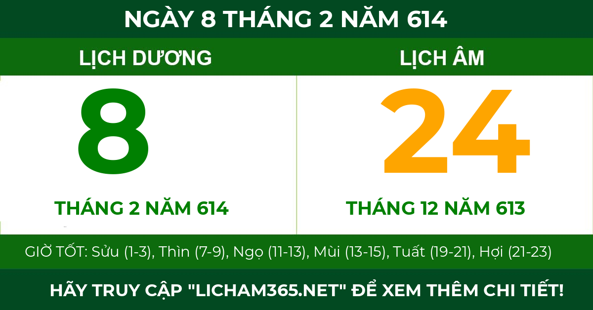 lịch âm ngày 8 tháng 2 năm 614