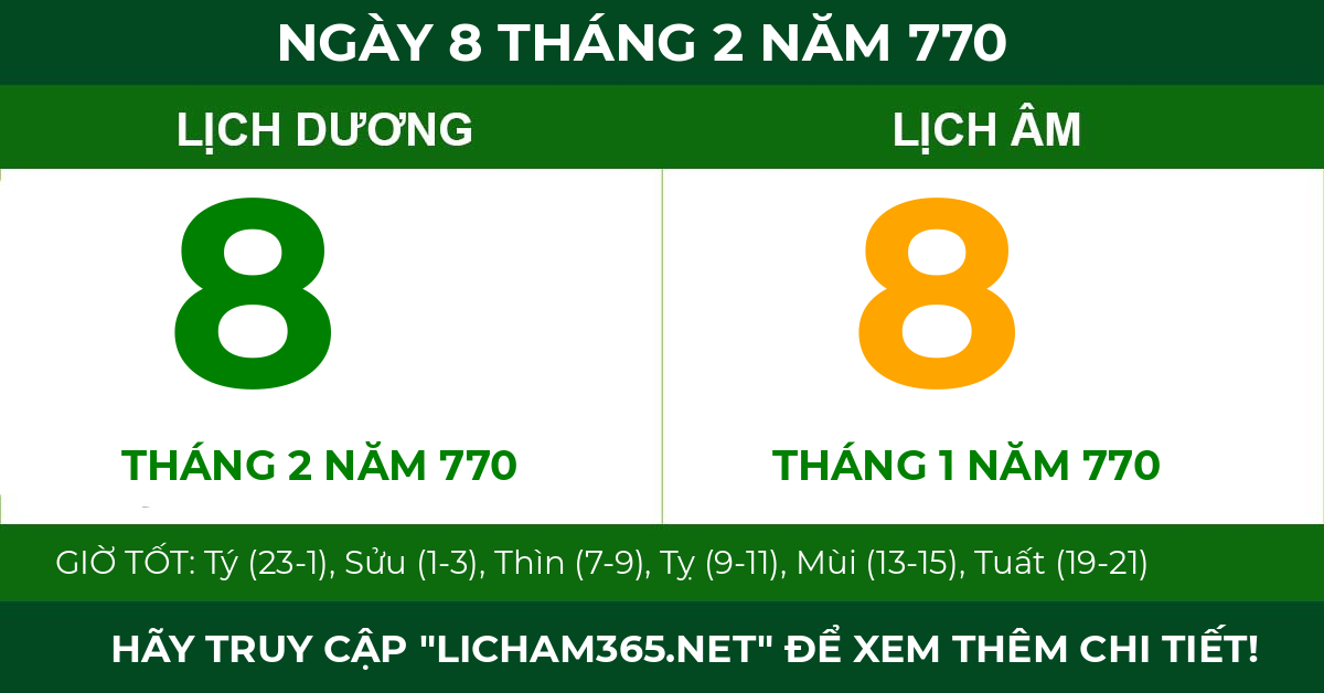 lịch âm ngày 8 tháng 2 năm 770