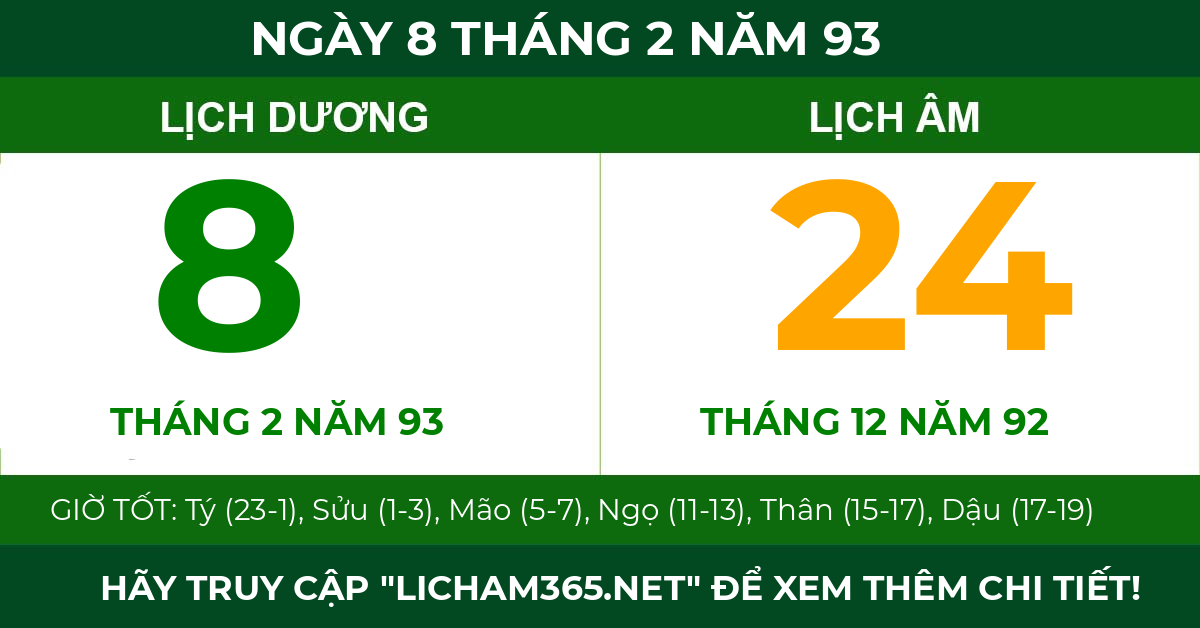 lịch âm ngày 8 tháng 2 năm 93