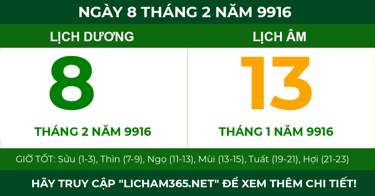 lịch âm ngày 8 tháng 2 năm 9916