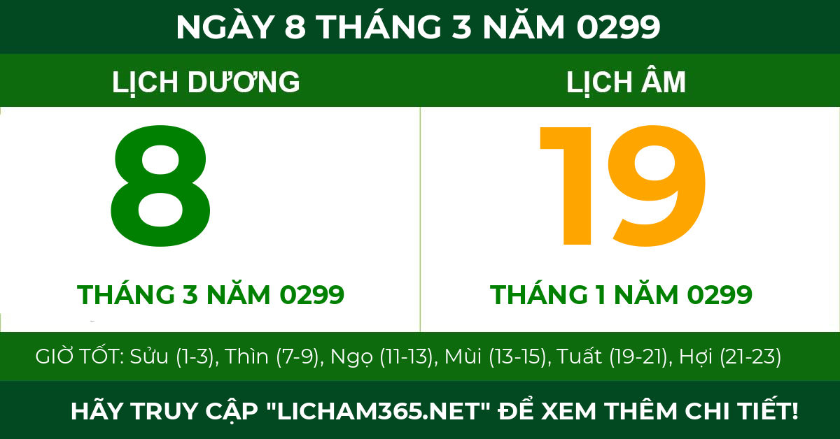 lịch âm ngày 8 tháng 3 năm 0299