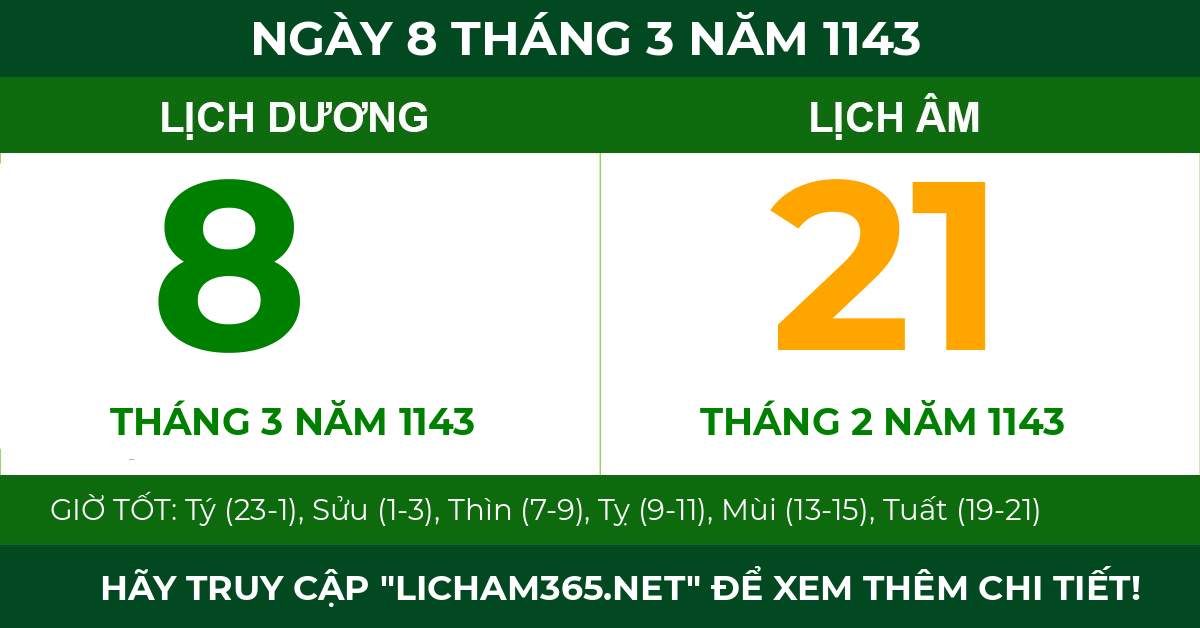 lịch âm ngày 8 tháng 3 năm 1143