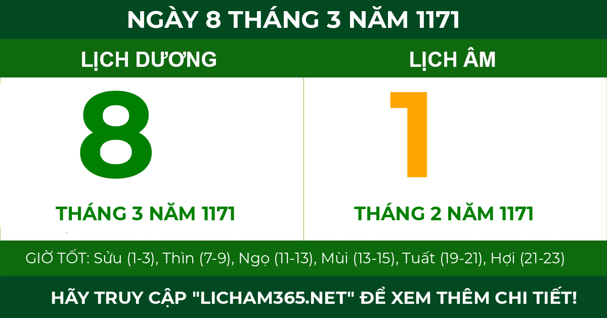 lịch âm ngày 8 tháng 3 năm 1171