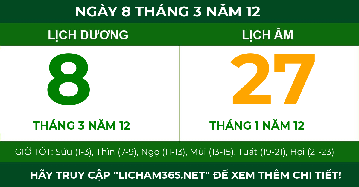lịch âm ngày 8 tháng 3 năm 12