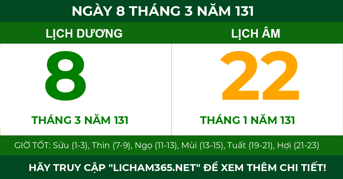 lịch âm ngày 8 tháng 3 năm 131