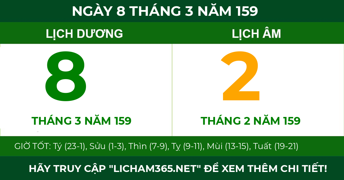 lịch âm ngày 8 tháng 3 năm 159