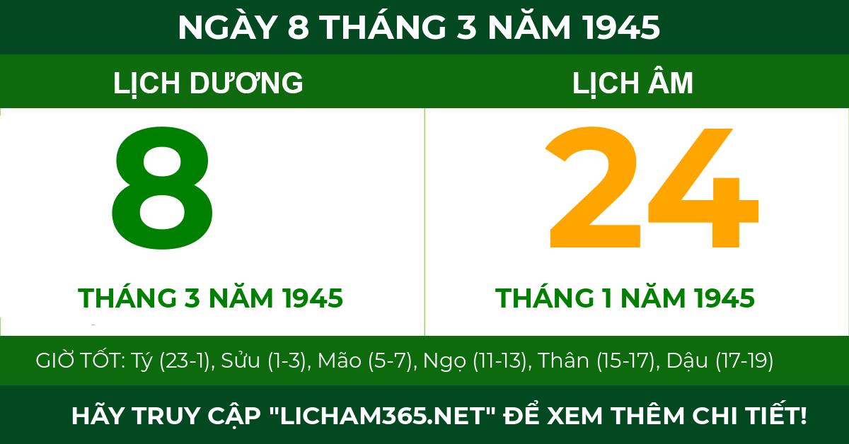 lịch âm ngày 8 tháng 3 năm 1945