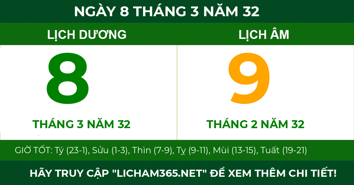 lịch âm ngày 8 tháng 3 năm 32